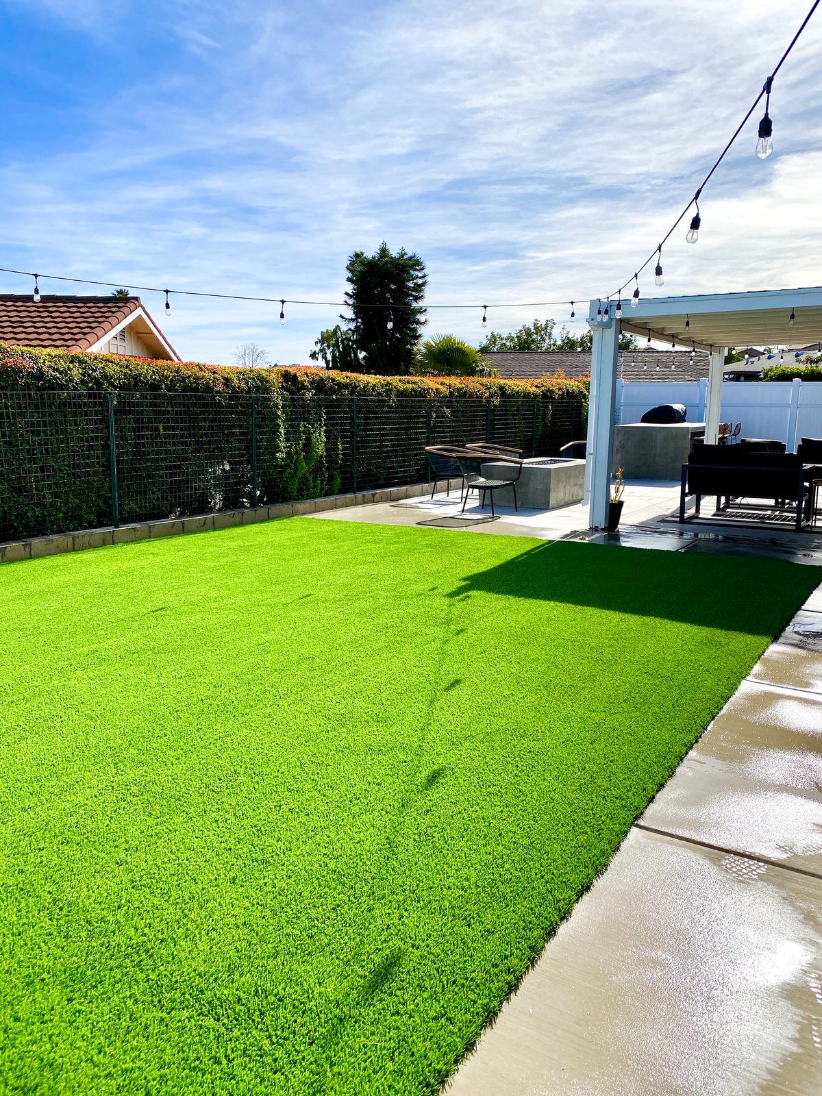 Backyard with synthetic turf and landscaping